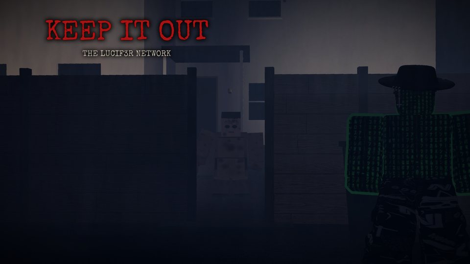 KEEP IT OUT: ROBLOX EDITION key art (in development): the Stillman behind a gate in the fog, a figure in the foreground