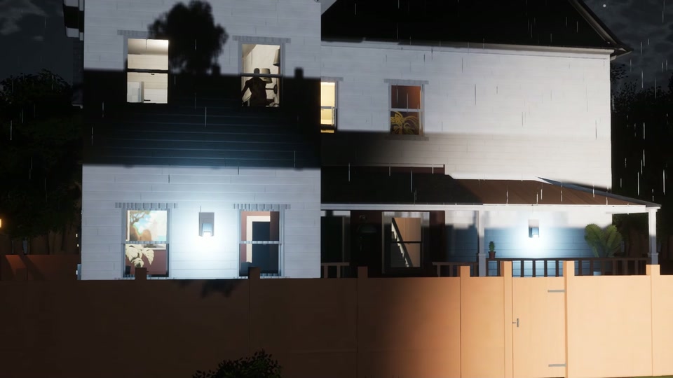 KEEP IT OUT key art (Unreal Engine): the house at night in the rain, a figure in the lit upstairs window