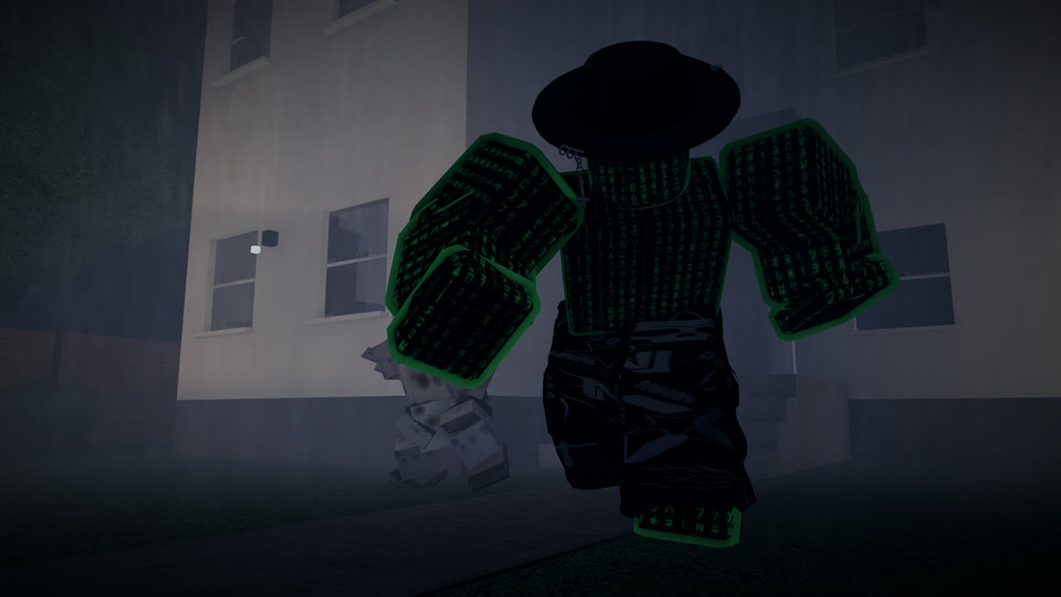 KEEP IT OUT: ROBLOX EDITION screenshot (in development): a figure in a black hat running through the fog beside the house, the Stillman chasing close behind