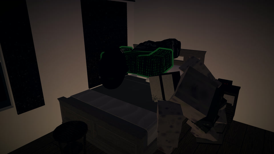 KEEP IT OUT: ROBLOX EDITION screenshot (in development): a figure asleep in bed in a dark bedroom, the Stillman leaning over them